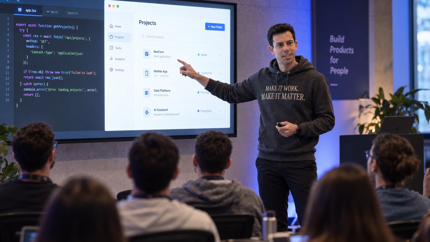 Adolfo Rodríguez presenting product and code at a conference